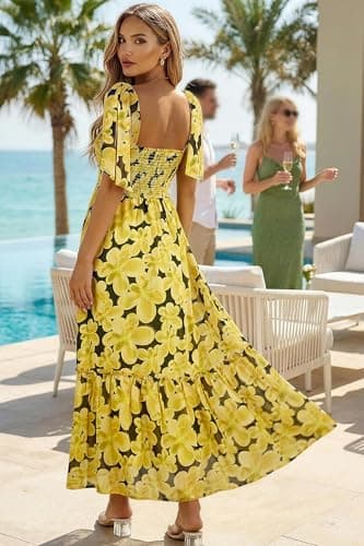 Lesuxa Women's Summer Maxi Dress Casual Boho Spaghetti Strap Suspenders Square Neck Smocked Beach Sundresses (US, Alpha, X-Large, Regular, Regular, Yellow Flower) - Thumbnail 3