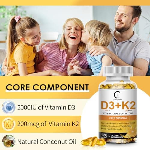 Vitamin D3 K2 Supplement with Vitamin D3 5000 IU, 200 mcg Vitamin K2 MK-7 & Natural Coconut Oil, Plant Based 2-1 Formula for Bone, Teeth, Muscle and Immune Health Support,120 Softgel Capsules - Thumbnail 5