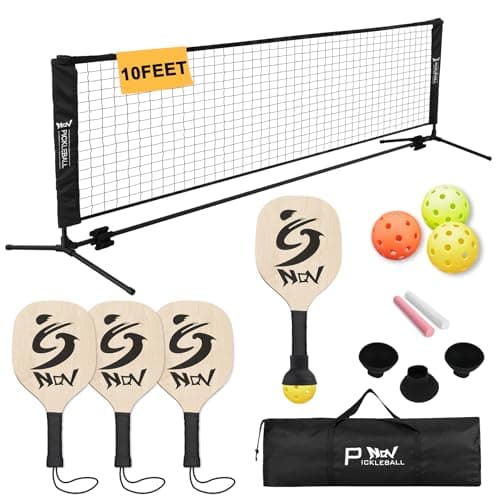 NQV Pickleball Set with Net,10FT Half Court Size Pickleball Net Portable Outdoor Indoor Driveway Home+4 Wood Paddles+4 Balls+4 Ball Retrievers for Adults Kids Beginners Pros