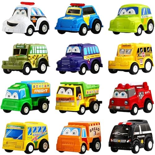 Funcorn Toys Pull Back Car, 12 Pack Assorted Mini Plastic Vehicle Set, Pull Back Truck and Car Toys for Boys Kids Toddler Party Favors,Die Cast Car Toy Play Set - Image 1