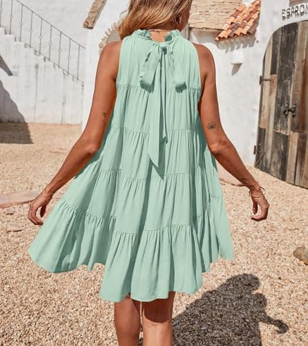 Okiwam Womens Summer Dress 2026 Sleeveless Halter Neck Flowy Mini Sundress Casual Babydoll Spring Beach Vacation Clothes-L Light Green - Thumbnail 3