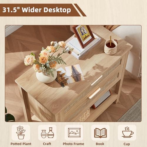 LEYAOYAO 31.5" Wide Rattan Night Stand, Oversized Large Boho Nightstand with 2 Drawer, Natural Wood Bed Side End Tables with Storage Shelf, Tall Bedside Table for Bedroom Living Room, Hallway - Thumbnail 4