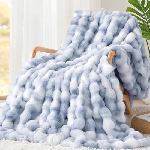 Touchat Luxury 1000GSM Faux Rabbit Fur Throw Blanket, Super Heavy Warm Cozy Grey Blankets for Couch Bed Sofa, Ruched Plush Fuzzy Elegant Soft Reversible Mink Blanket for Living Room Bedroom, Blue - Image 1