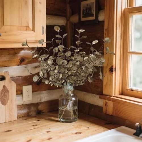 siqifloral 4PCS 24" Champagne Metallic Artificial Eucalyptus Stems – Real Touch Faux Eucalyptus for Vase Decoration, Living Room, Christmas & Holiday Home Decor - Thumbnail 5