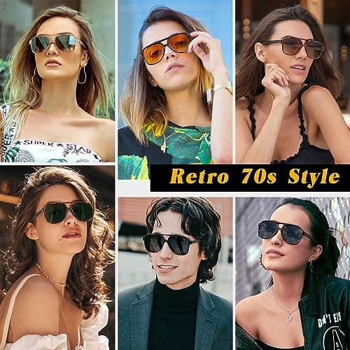GQUEEN Retro Pilot Sunglasses Womens Men Polarized 70s Vintage Square Shades Double Bridge UV400 - Thumbnail 2