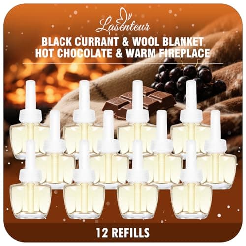 Plug in Air Freshener Refills, Black Currant, Wool Blanket, Hot Chocolate & Warm Fireplace Scents, Adjustable for Home & Bathroom – 12 Pack, Compatible with Air Wick & Glade, Not Include Glade Plus