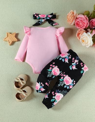FAMIHAO Big Sister Little Sister Matching Outfits Long Sleeve Ruffle Romper Floral Pants Headband Baby Girl Clothes 3Pcs,0-3M Pink&Black - Thumbnail 4