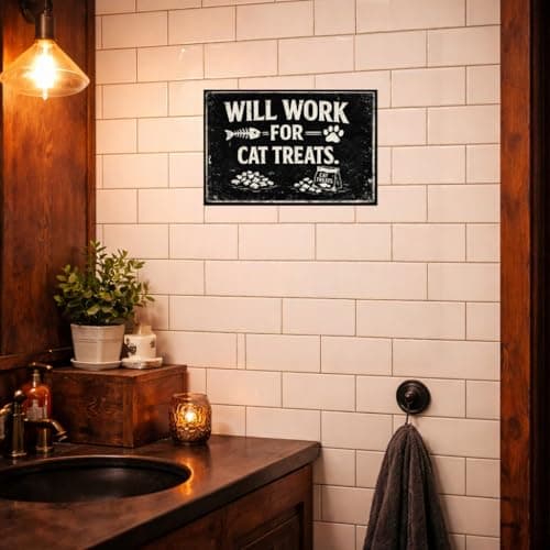 Will Work For Cat Treats Vintage Tin Sign Funny Pet Lover Wall Decor Retro Metal Plaque Rustic Humor Artwork for Home Kitchen Office Cat Room 8x12 Inch Pre Drilled Holes - Thumbnail 3