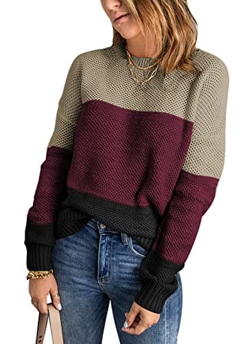 Dokotoo Women's Color Block Sweaters Winter Crewneck Long Sleeve Striped Fall Sweaters Comfy Loose Knit Jumpers Pullovers Tops Red Small - Image 1