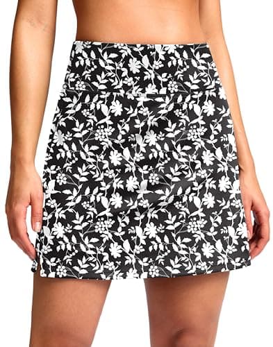 SANTINY 16" Skorts for Women with 2 Pockets High Waisted A Line Pickleball Golf Skort Casual Athletic Tennis Skirt (Black Flower_S) - Image 1
