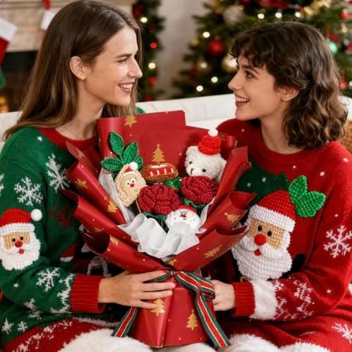 FLOLVISOU Christmas Flowers Artificial Crochet Flower Bouquet Knitted Flowers Red Green Handmade Bouquet Flowers Gifts for Lover Christmas Women Boys Girls Girlfriends - Thumbnail 5