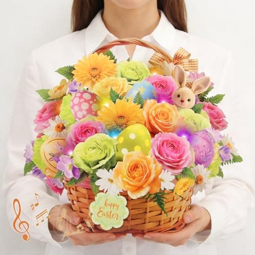 Tcamp Easter Cards with Envelope, Pop Up Easter Cards with Music and Lights, Easter Eggs Bunny Flower Basket Easter Card for Kids Adults Women Mom Daughter Sister Girls - Image 1