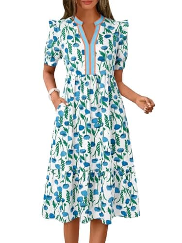 Wenrine Womens Summer Floral Midi Dress Casual Puff Short Sleeve V Neck Swing Flowy Boho Beach Dresses with Pockets Blue - Image 1