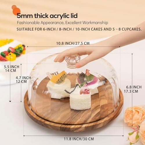 cutesun Cake Stand with Lid, Rotating Cake Stand with Lid & Dome, 11.8'' Acacia Wood Shatterproof 10.4'' Acrylic Cake Display Stand for Wedding, Birthday, Parties - Thumbnail 4