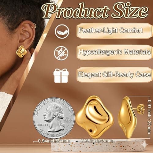 Musment® Gold Earrings for Women, 14K Gold Plated Chunky Stud Earrings, Lightweight Hypoallergenic Statement Earrings for Sensitive Ears, Daily Wear, Trendy Jewelry Gift Box - Thumbnail 4