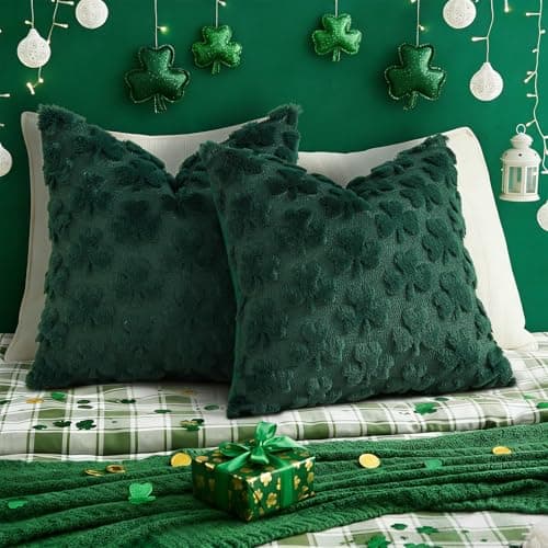 decorUhome St. Patrick’s Day Shamrock Green Pillow Covers 16x16 Inch Set of 2, Soft Plush Faux Wool Throw Pillow Covers, Farmhouse Spring Holiday Decor for Sofa Living Room - Thumbnail 5