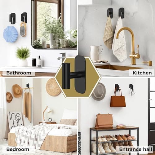 IMUMU Adhesive Towel Hooks for Shower,Waterproof Heavy Duty Bathroom Hooks,Wall Mounted Sticky Hangers for Coats/Aprons/Robes,No Drilling(Black,2 Pack) - Thumbnail 3