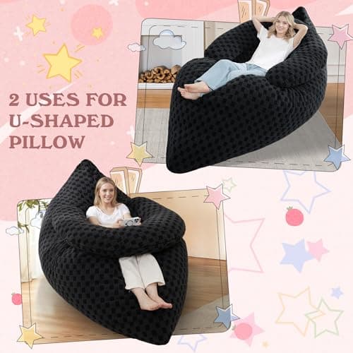 HABUTWAY 3 in 1 Bean Bag Chair with Portable U-Shaped Pillow, Giant Bean Bag with Washable Cover, Convertible Sofa Bed (Black) - Thumbnail 3