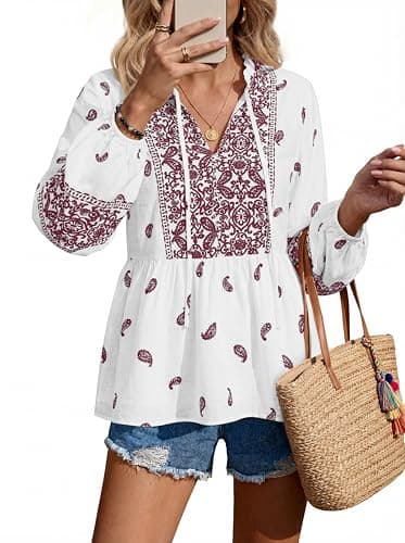 MASCOMODA Women Boho Babydoll Tops Spring Summer Casual V Neck Peplum Long Sleeve Blouses Flowy Shirts Beach Vacation Clothes(White Wine Red Floral,Small) - Thumbnail 5