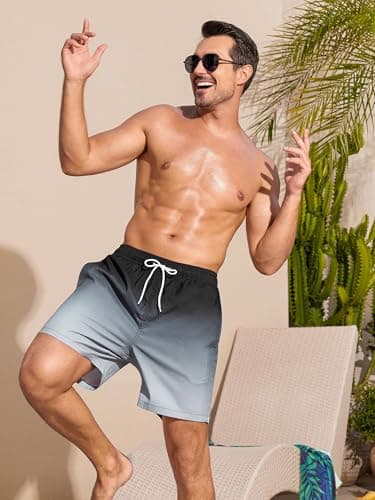 SILKWORLD Men's Swimming Surf Beach Shorts Bathing Suits Mesh Liner, Black Gray Gradient, Medium - Thumbnail 4