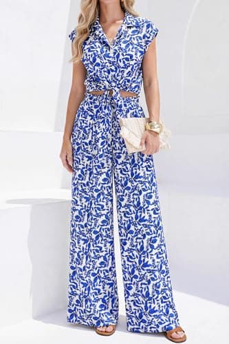 PRETTYGARDEN 2 Piece Sets For Women Summer Striped Button Down Tie Front Crop Tops Wide Leg Pants Floral Lounge Set 2026(Floral Blue,X-Large) - Thumbnail 4