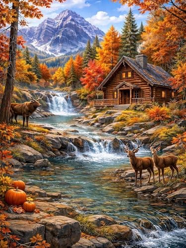 Teemosreal Puzzles for Adults 1000 Pieces, Autumn Mountain Cabin Jigsaw Puzzle, Scenic Fall Forest Waterfall & Deer Colorful Nature Landscape Puzzle with Poster, Challenging Puzzles for Game Night - Image 1