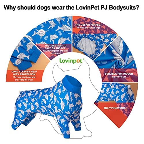 LovinPet Large Dog Pjs, UV Protection, Pet Anxiety Relief Onesies, Lightweight Stretchy, Blue Shark Print, Undershirt for Dog Sweaters and Coats, Large Breed Husky Pajamas, Pet PJ's /3XL - Thumbnail 4