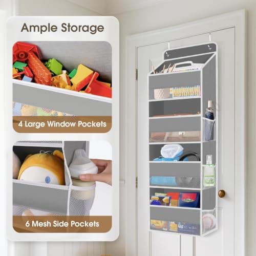 SpaceHacks 1 Pack Over The Door Organizer, Hanging Storage Organizer with Clear Window, 40lb Ultra Sturdy Large Capacity Room Organizer for Pantry Laundry Bathroom Nursery Closet Baby Essential (Grey) - Thumbnail 4