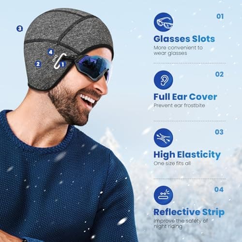 Bodvera Skull Cap Helmet Liner with Eyeglasses Holes,Ear Warm Cycling Cap,Thermal Head Cap for Men & Women in Winter. Grey - Thumbnail 2