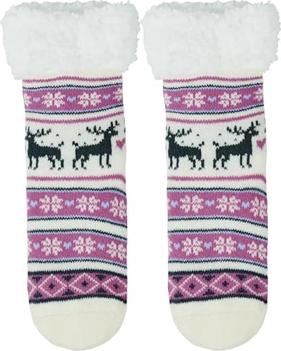 BenSorts Winter Thick Fuzzy Slipper Socks for Kids Christmas House Warm Cozy Girls Boys Socks Cute Holiday Gift Purple Grey Reindeer 2 Pairs 4 5 6 7 Years - Thumbnail 6