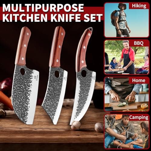Ethyxe Butcher Knife Set – 3PCS Hand Forged Kitchen Knife Set with Serbian Chef Knife, Viking Boning Knife & Meat Cleaver, High Carbon Steel for Meat Cutting, Outdoor BBQ, Camping, Gift for Men - Thumbnail 6