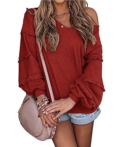 BTFBM Women’s V Neck Long Sleeve Blouse Loose Fit Tunics Ruffles Off Shoulder Waffle Knit Solid Color Tops Fall Tee Shirts(Solid Brick Red,X-Large) - Image 1