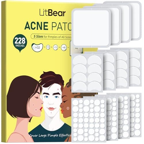 LitBear Pimple Patches for Face, Large Acne Patch, XL Hydrocolloid Bandages,Zit Stickers for Forehead, Chin, Nose, Body, Back, and Chest (5 Sizes, 228 Pimple Patches)