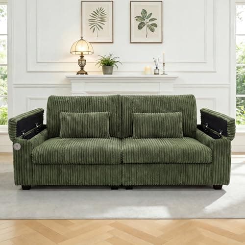 91" Corduroy Loveseat Sofa with Flip-Up Storage Armrests, 2 Seater Couch with Cup Holders, USB & Type-C Ports, Side Pockets and Lumbar Pillows, High-Density Comfy Lounge Couch for Living Room, Green - Image 1