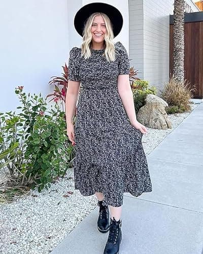 BTFBM Women Casual Summer Dresses 2026 Spring Crew Neck Ruffle Short Sleeve Smocked Floral Boho Flowy Maxi Dress Clothes(Floral Black White, Medium) - Thumbnail 6