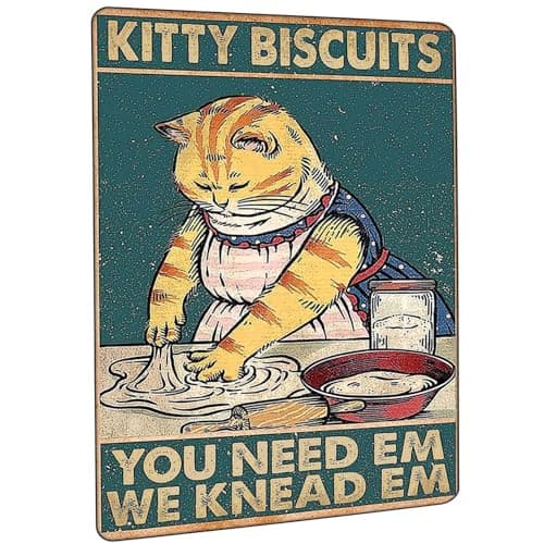 Carastora Vintage Metal Tin Sign Funny Sarcastic Party Wall Art Decor Signs Funny Kitchen Retro Metal Tin Sign - "Kitty Biscuits: We Knead Em, You Need Em," Vintage Baking Aluminum Sign for Home - Image 1