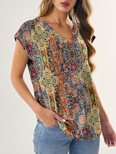 GKBK Women Tops Cap Sleeve Textured Dressy Casual V Neck Shirts 2026 Summer Business Work Blouses Outfits Vintage Boho S - Thumbnail 5