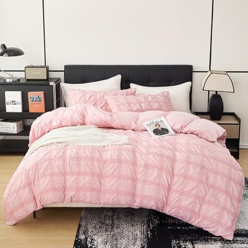DCSKY Pink Duvet Cover Queen Size, Ultra Soft 3-Piece Boho Seersucker Duvet Cover Set with Zipper Closure, Soft Washed Microfiber Bedding Set (104"x90", 2 Pillowshams) - Image 1