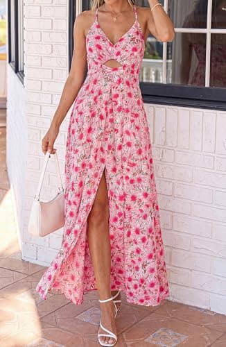 BTFBM Summer Dresses for Women 2026 Spring Floral Spaghetti Strap Smocked Cutout Maxi Dress Resort Beach Vacation Outfit(Floral Red, XX-Large) - Thumbnail 6