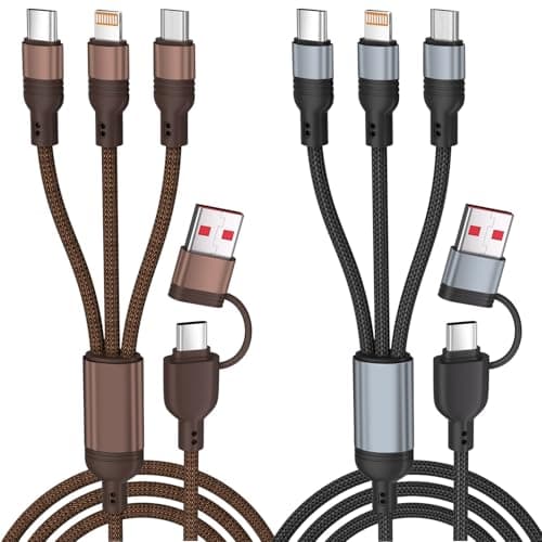 Travel Multi Charging Cable, 5 in 1 Charging Cables for Multiple Devices, Nylon Universal Phone Charger Cord USB A/C to Type C/Micro USB/IP for iPhone17/16/15/14/Phone&Pad (2Pack,4FT)Brown+Black - Image 1