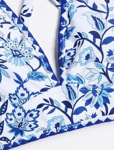 ZAFUL Women's High Waisted Bikini with Skirt Whip Stitch 2 Piece Swimsuits Tummy Control Bathing Suit 0-Blue Floral M - Thumbnail 5