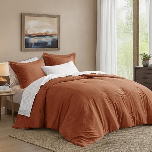Regency Heights Full Size Comforter Set, Lightweight 7 Pieces Burnt Orange Bed in a Bag All Season Chambray Print Bedding Set Ultra Soft Comforter, Farmhouse Sheets, Pillowcase & Sham - Image 1