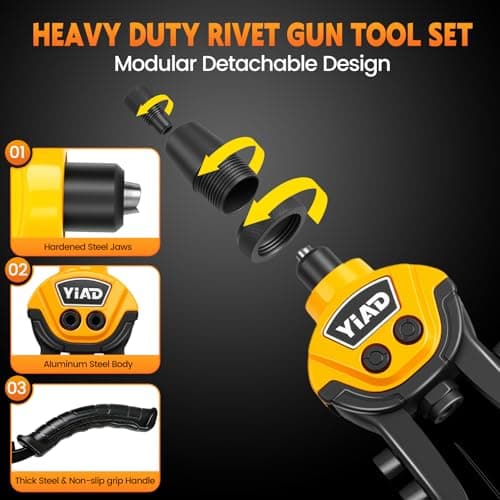 Heavy Duty Rivet Gun,Professional Pop Rivet Gun Kit with 250 Blind Rivets 10" Hand Riveter with 5 Free Interchangeable Rivet Heads 1/4 ",3/16", 1/8",3/32"Manual Riveting Tool for Metal,Gutter,Auto - Thumbnail 3