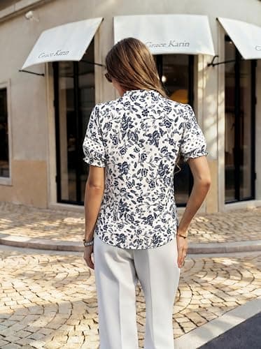 GRACE KARIN Women Boho Floral Tops, Summer Short Eyelet Sleeve Dressy Casual Shirts, Spring Button Down Blouse 2026 Trendy Navy X-Large - Thumbnail 2