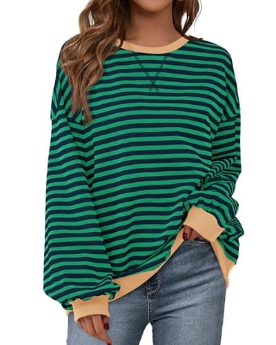 BTFBM Womens Oversized Striped Sweatshirt 2026 Spring Crewneck Long Sleeve Pullover Top Casual Y2K Clothes Workout Shirt(Green Navy, Medium) - Image 1