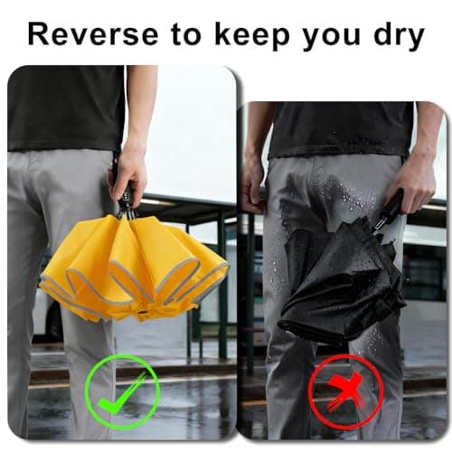 Lejorain Automatic Folding Umbrella Inverted - Upside Down Yellow Windproof Umbrella LED Flashlight Handle With Reflective Strip - Thumbnail 4