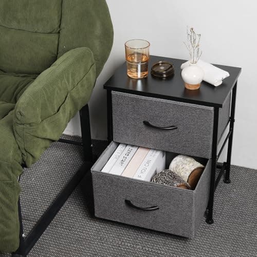 FIOCNOLE Nightstand with 2 Fabric Drawers, Rustic Black Wood Top, 16.5" L x 11.8" W x 19.3" H - Thumbnail 2