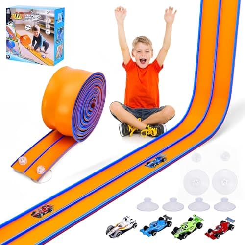 FUTESI Flexible Race Car Track for Kids 15 Ft Flex Tracks Starter Set Compatible with Diecast 1/64th Cars Portable Rolls Up Race Tracks with Strong Suction Cups Birthday Gifts for Boys Girls Ages 3+ - Image 1