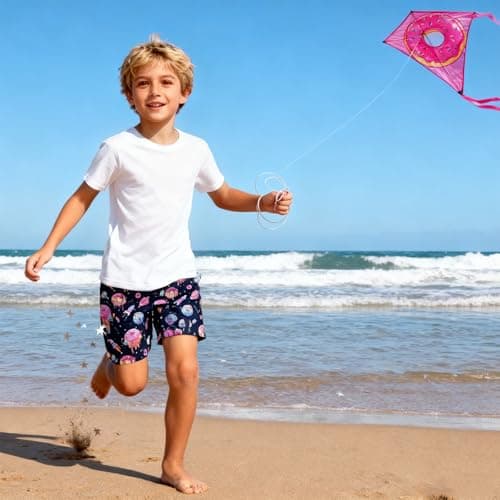Cozople Boys Swim Short Swim Trunks Space Donut Rocket Printed Beach Shorts Swimsuit Compression Boardshort with Boxer Brief Liner Size 7 - Thumbnail 3