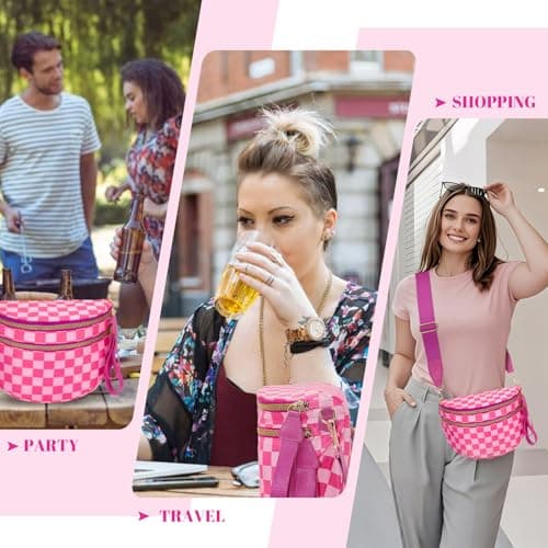WOOMADA Checkered Crossbody Bag Bum Bag for Women, Fanny Pack Checkered Purse, Belt Bag with Shoulder Strap(Hot Pink Checkerboard) - Thumbnail 6